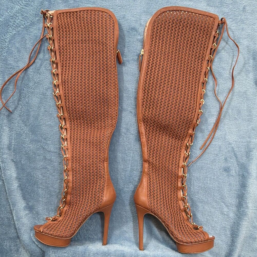 Jennifer Lopez Madia Over The Knee Boots Mesh Lace Up Brown Stiletto NWOT 6.5m